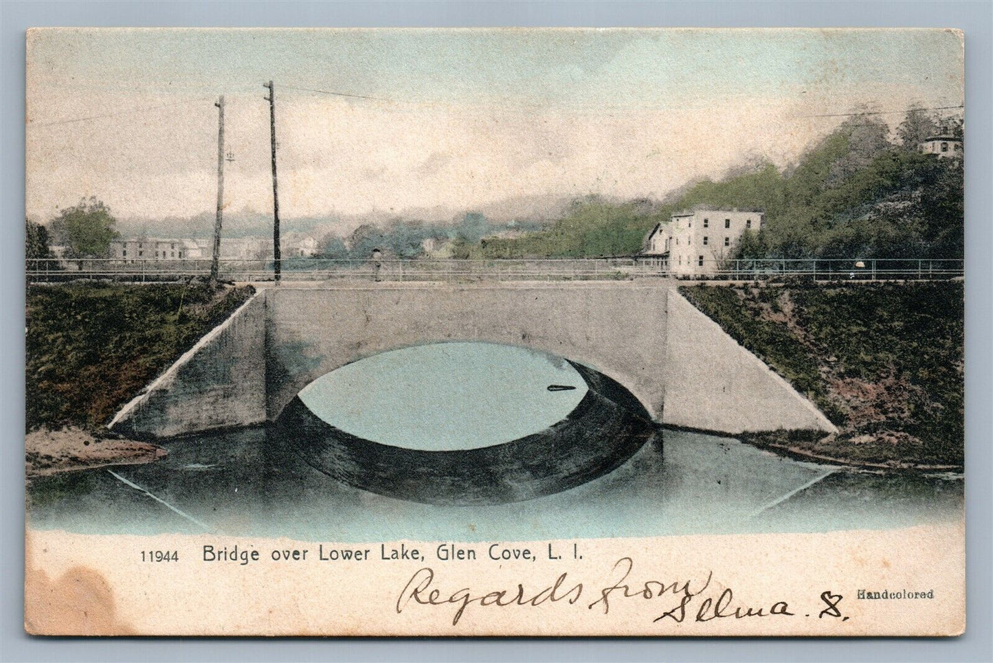 GLEN COVE LONG ISLAND NY BRIDGE OVER LOWER LAKE ANTIQUE POSTCARD