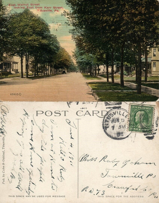 TITUSVILLE PA EAST WALNUT FROM KERR STREET 1911 ANTIQUE POSTCARD CORK CANCEL