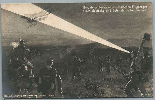 WWI GERMAN SOLDIERS SHOOTING AN AIRPLANE ANTIQUE POSTCARD