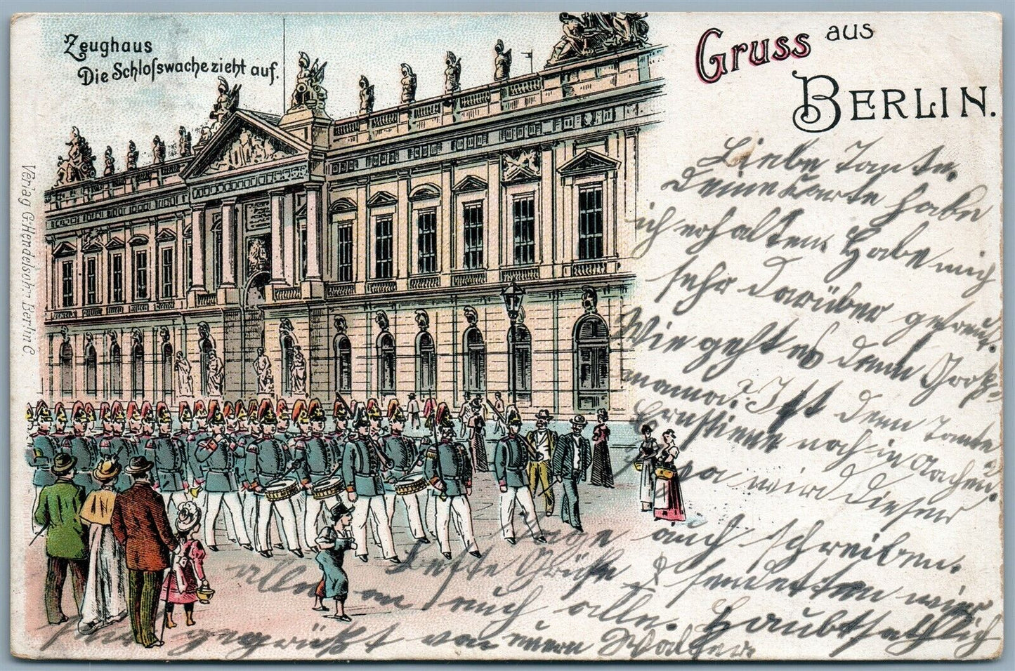 GRUSS AUS BERLIN ZEUGHAUS MILITARY PARADE UNDIVIDED ANTIQUE POSTCARD w/ STAMP