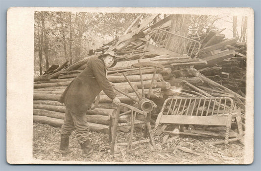 MAN WORKING w/ TREE LOGS ANTIQUE REAL PHOTO POSTCARD RPPC