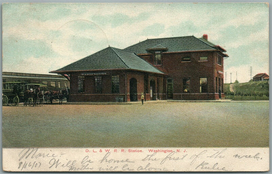 WASHINGTON NJ RAILROAD STATION RAILWAY TRAIN DEPOT 1907 ANTIQUE POSTCARD