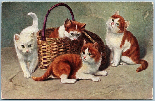 CATS in BASKET ANTIQUE POSTCARD