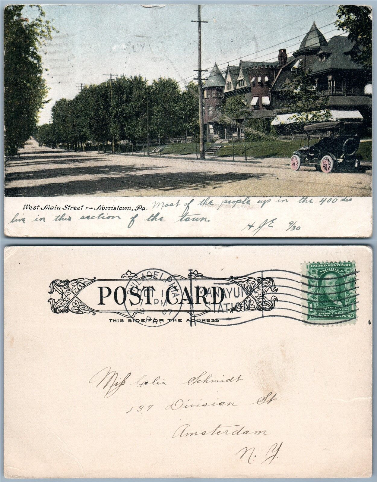 NORRISTOWN PA WEST MAIN STREET 1907 UNDIVIDED ANTIQUE POSTCARD