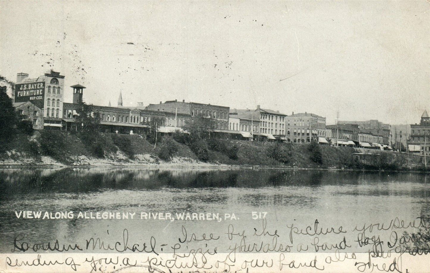 WARREN PA ALONG ALLENGHENY RIVER 1907 UNDIVIDED ANTIQUE POSTCARD