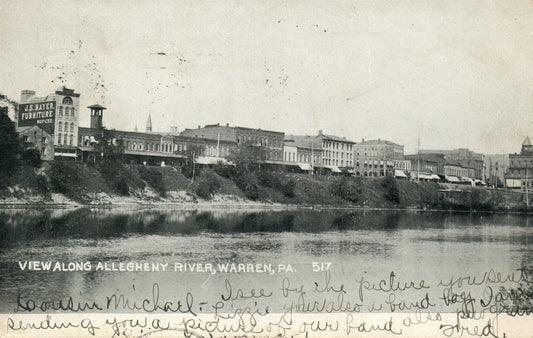 WARREN PA ALONG ALLENGHENY RIVER 1907 UNDIVIDED ANTIQUE POSTCARD