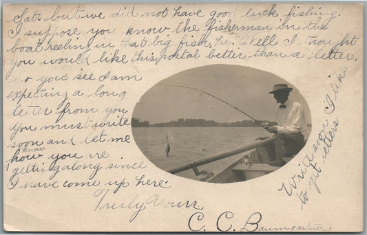 FISHING MAN ANTIQUE REAL PHOTO POSTCARD RPPC