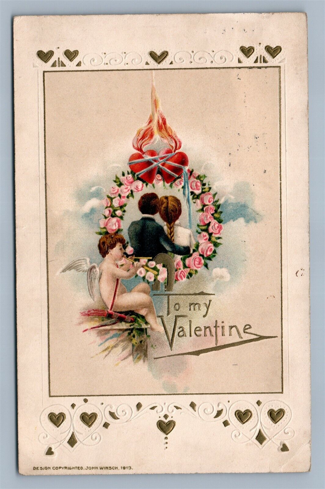 VALENTINE 1914 COPYRIGHT EMBOSSED ANTIQUE POSTCARD by JOHN WINSCH