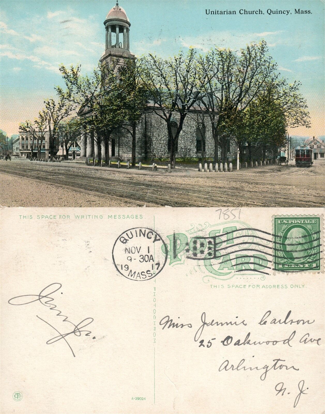 QUINCY MA UNITARIAN CHURCH 1917 ANTIQUE POSTCARD