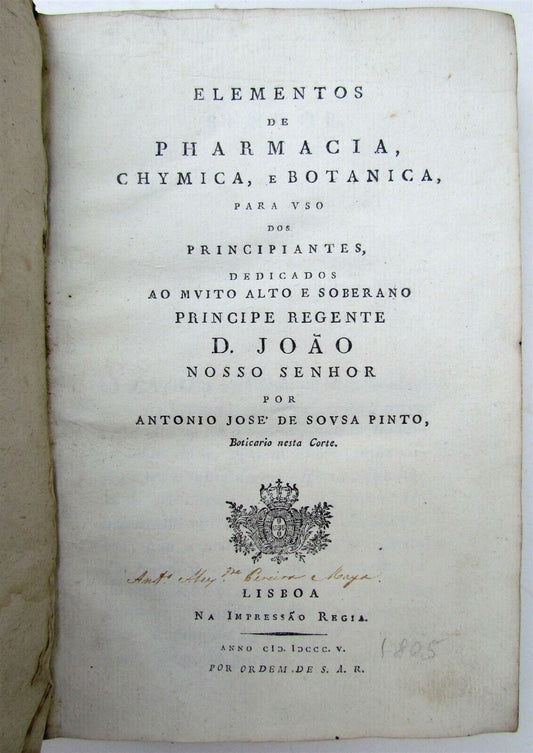 1805 MEDICAL BOOK in PORTUGUESE ELEMENTOS DE PHARMACIA CHYMICA E BOTANICA