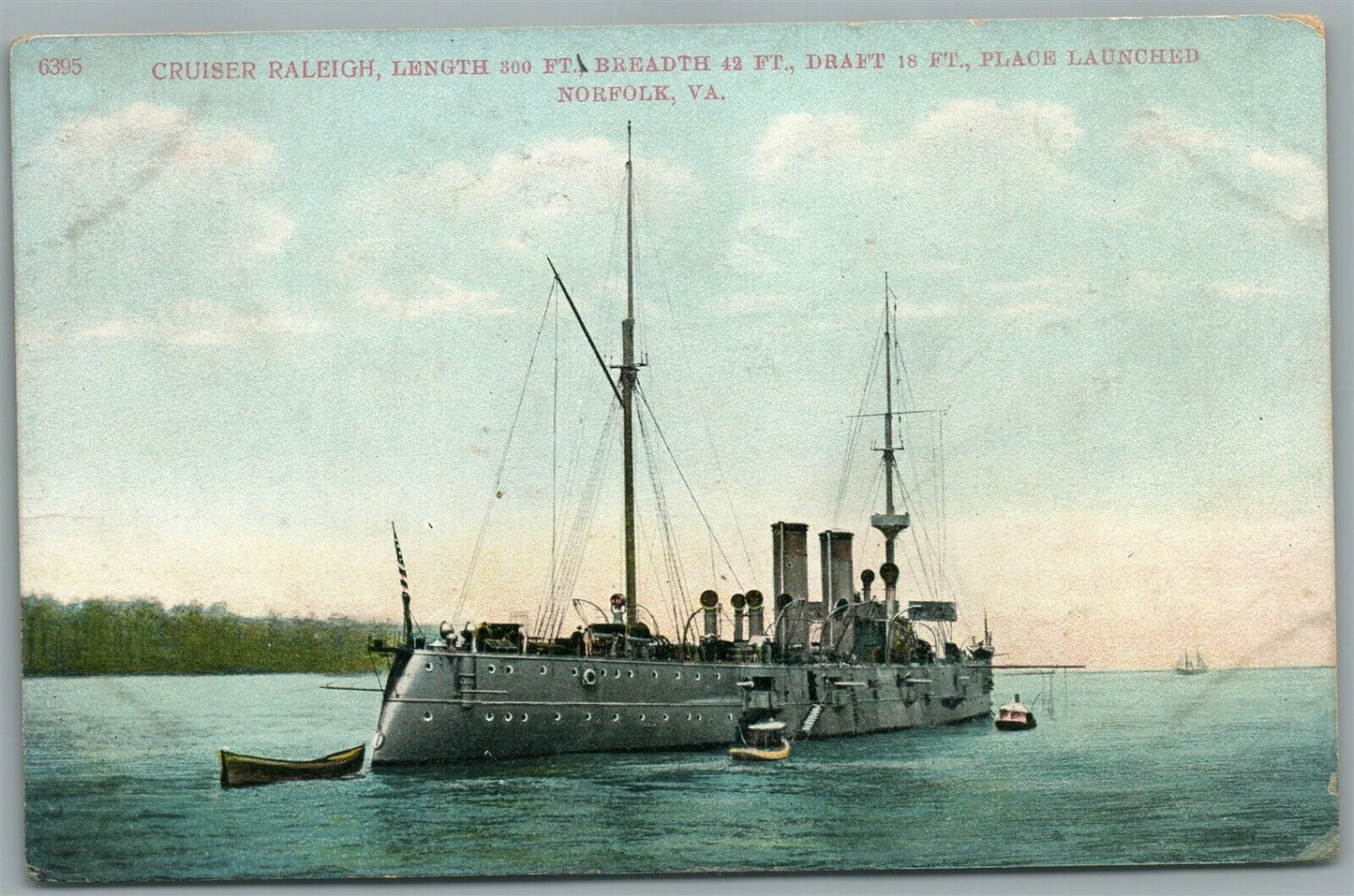 MILITARY SHIP CRUISER RALEIGH NORFOLK VA ANTIQUE POSTCARD