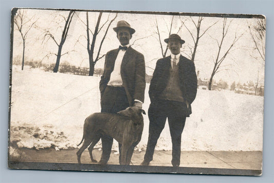 YOUNG MEN w/ DOG ANTIQUE REAL PHOTO POSTCARD RPPC