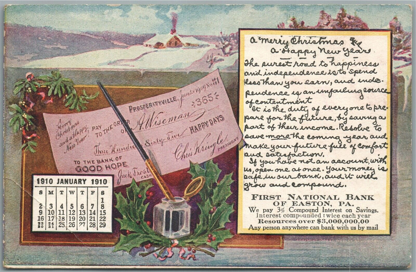 EASTON PA FIRST NATIONAL BANK ADVERTISING w/ 1910 CALENDAR ANTIQUE POSTCARD