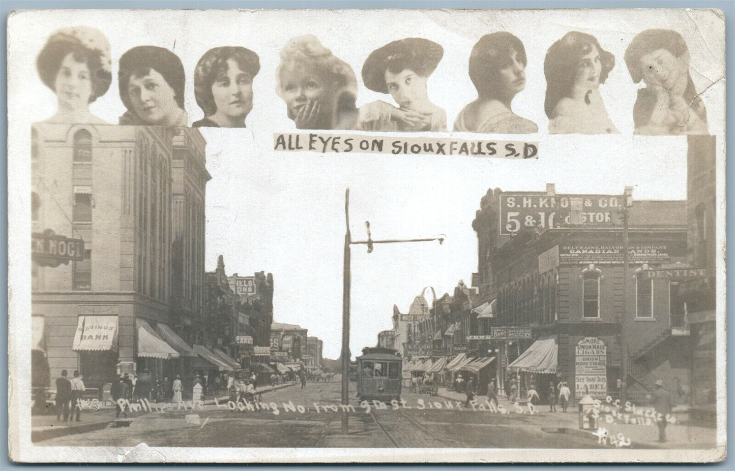 SIOUX FALLS SD PHILLIPS AVE ANTIQUE COLLAGE REAL PHOTO POSTCARD RPPC trolley