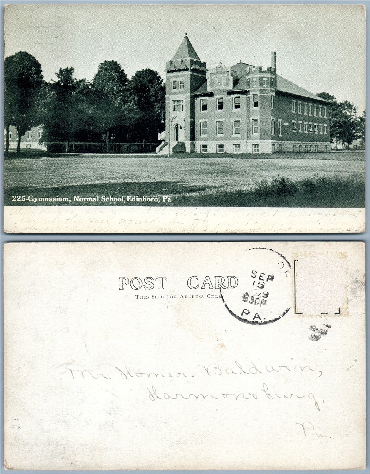 EDINBORO PA GYMNASIUM NORMAL SCHOOL 1909 UNDIVIDED ANTIQUE POSTCARD w/CORK STAMP
