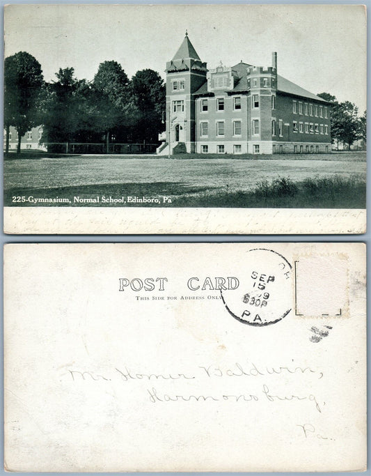 EDINBORO PA GYMNASIUM NORMAL SCHOOL 1909 UNDIVIDED ANTIQUE POSTCARD w/CORK STAMP