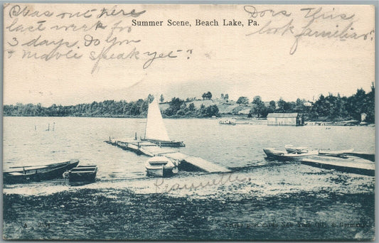 BEACH LAKE PA SUMMER SCENE ANTIQUE POSTCARD