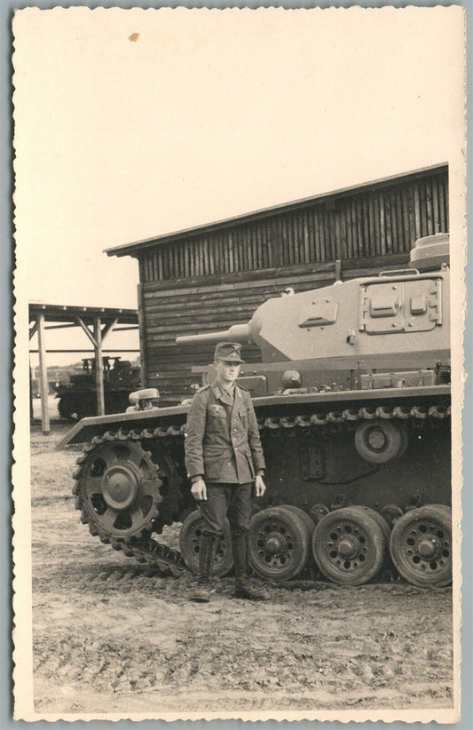 GERMAN SOLDIER w TANK WWII ERA VINTAGE REAL PHOTO POSTCARD RPPC