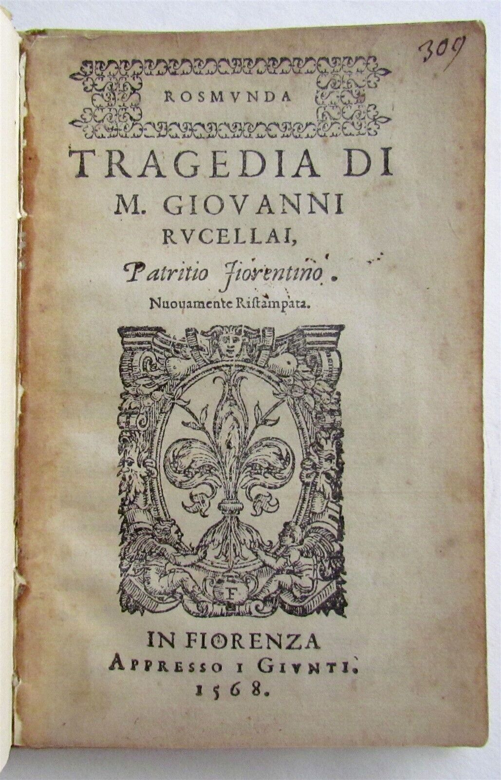 1568 POETRY Rosmunda Tragedy by Giovanni Rucellai antique VELLUM 16th century