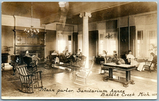 BATTLE CREEK MI SANITARIUM ANNEX MAIN PARLOR ANTIQUE REAL PHOTO POSTCARD RPPC