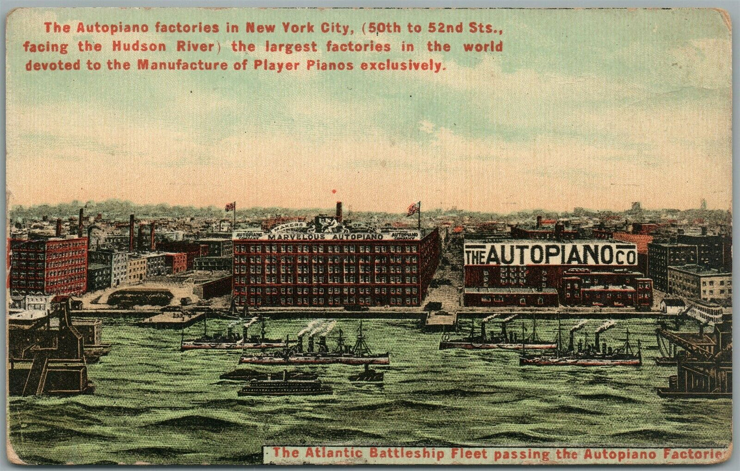 NEW YORK ATLANTIC BATTLESHIP FLEET PASSING AUTOPIANO FACTORIES ANTIQUE POSTCARD