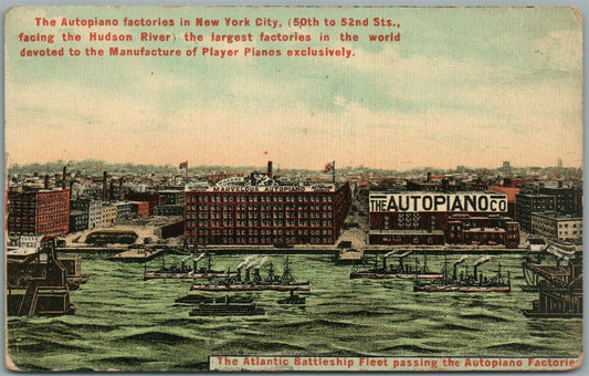 NEW YORK ATLANTIC BATTLESHIP FLEET PASSING AUTOPIANO FACTORIES ANTIQUE POSTCARD