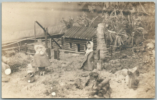 DOLLS in MINIATURE VILLAGE DISPLAY ANTIQUE REAL PHOTO POSTCARD RPPC