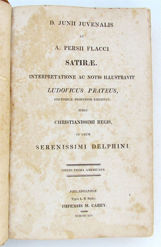 1814 JUNII JUVENALIS et PERSII FLACCI SATIRAE antique 1st American EDITION