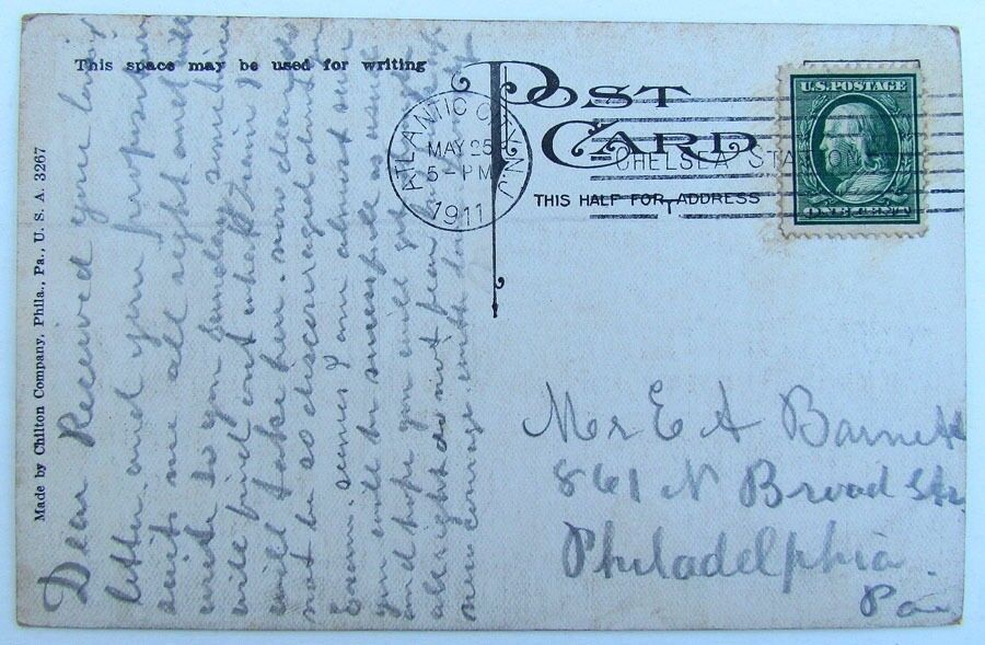 VINTAGE 1911 POSTCARD - HOTEL CHELSEA ATLANTIC CITY NEW JERSEY