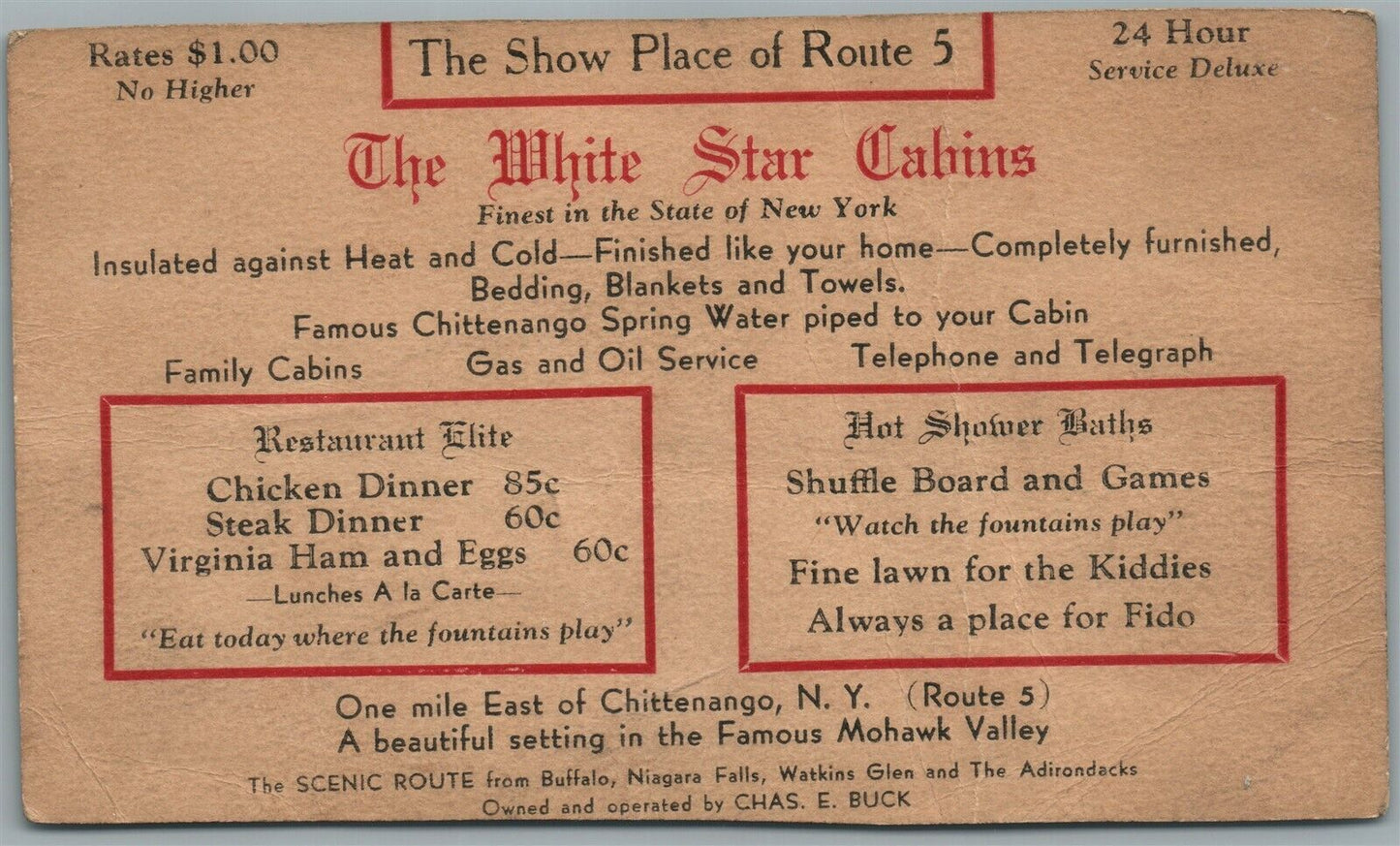 CHITTENANGO NY WHITE STAR CABINS FORD AUTOMOBILE ADVERTISING ANTIQUE POSTCARD