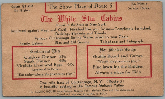 CHITTENANGO NY WHITE STAR CABINS FORD AUTOMOBILE ADVERTISING ANTIQUE POSTCARD