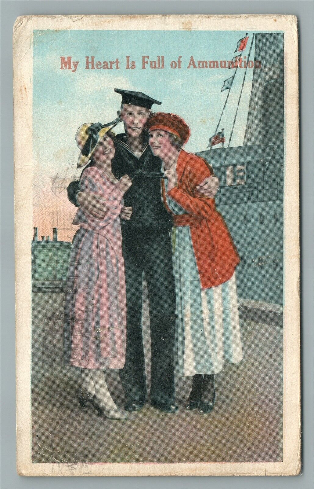 SAILOR w/ GIRLS MY HEART IS FULL OF AMMUNITION ANTIQUE POSTCARD