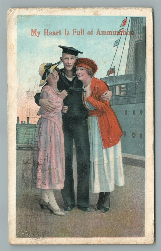 SAILOR w/ GIRLS MY HEART IS FULL OF AMMUNITION ANTIQUE POSTCARD