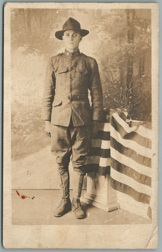 WWI SOLDIER w/ AMERICAN FLAG ANTIQUE REAL PHOTO POSTCARD RPPC