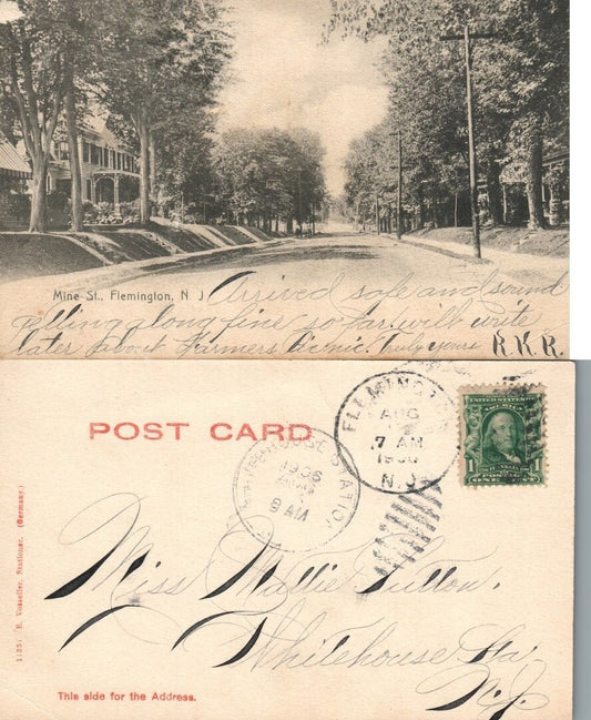 FLEMINGTON N.J. MINE STREET 1906 UNDIVIDED ANTIQUE POSTCARD w/ CORK CANCEL
