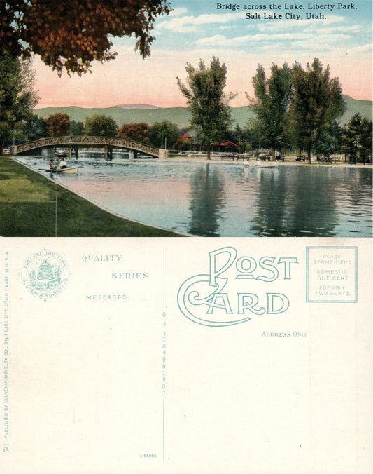 SALT LAKE CITY UTAH LIBEERTY PARK BRIDGE ACROSS THE LAKE ANTIQUE POSTCARD