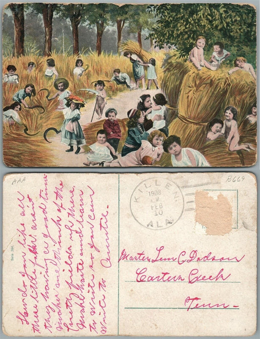 FARMING KIDS ANTIQUE POSTCARD