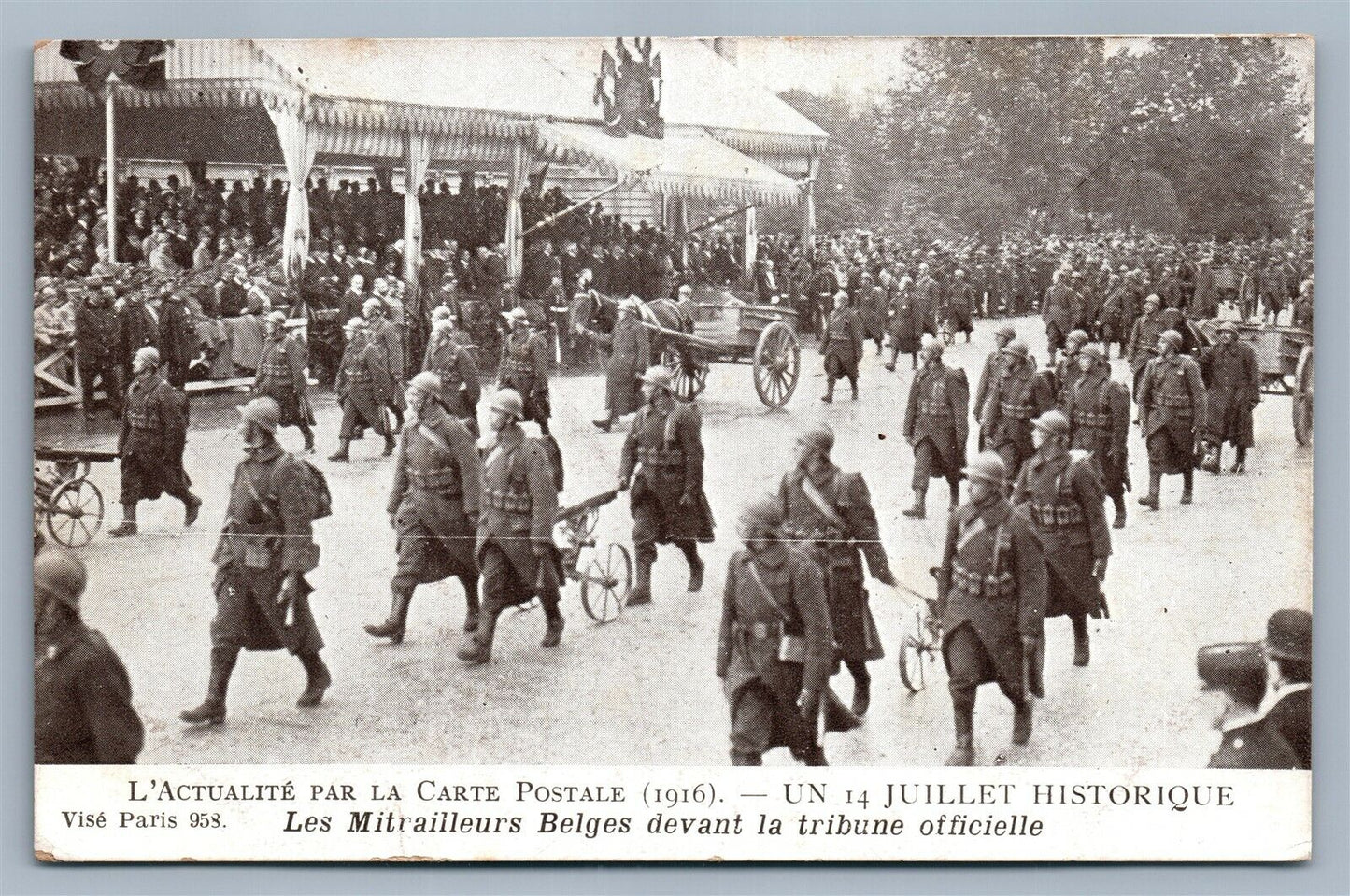 WWI MILITARY PARADE IN BELGIUM ANTIQUE POSTCARD