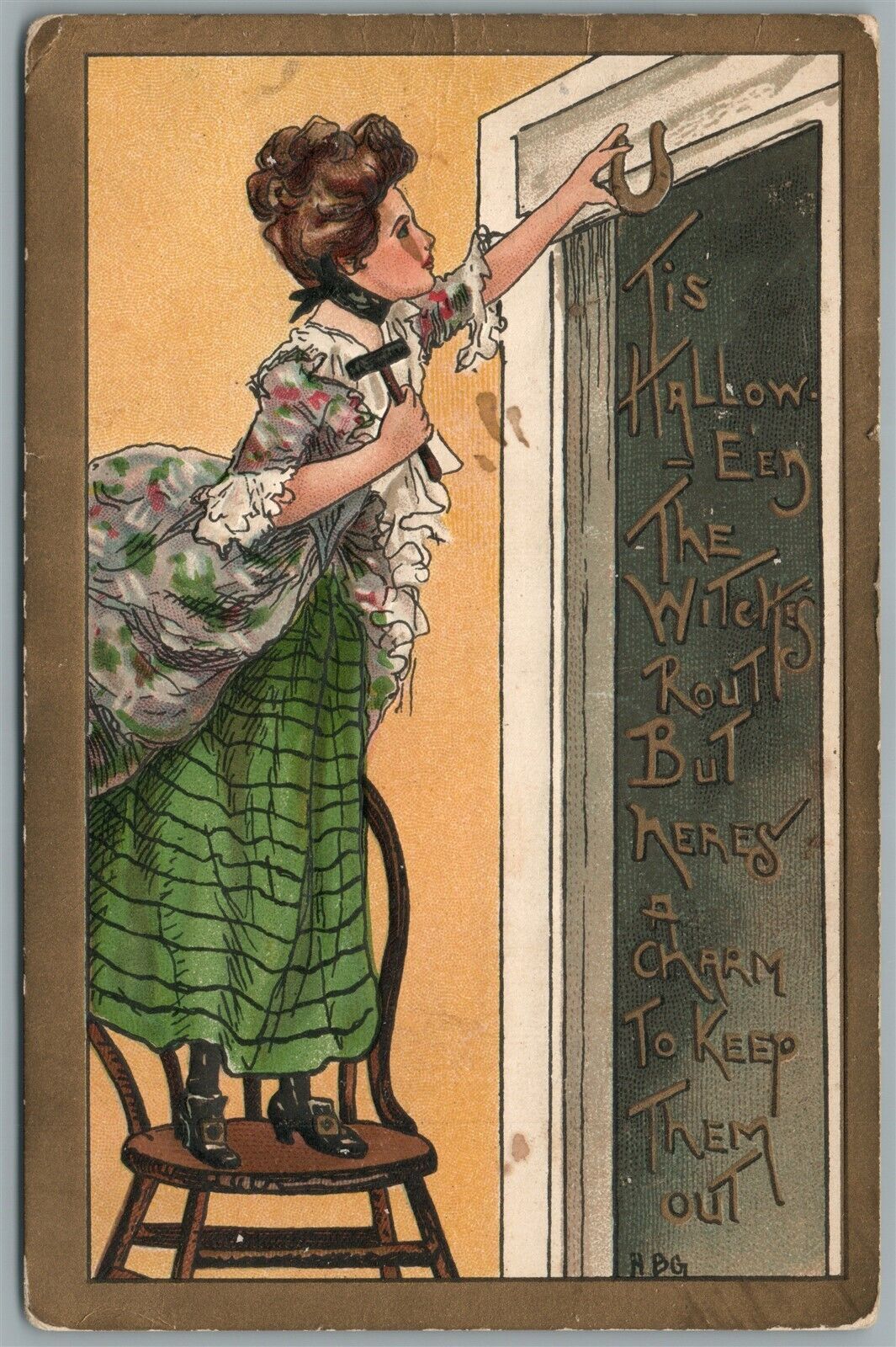 HALLOWEEN GREETINGS ANTIQUE POSTCARD LADY w/ HORSESHOE