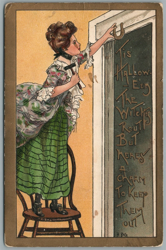 HALLOWEEN GREETINGS ANTIQUE POSTCARD LADY w/ HORSESHOE