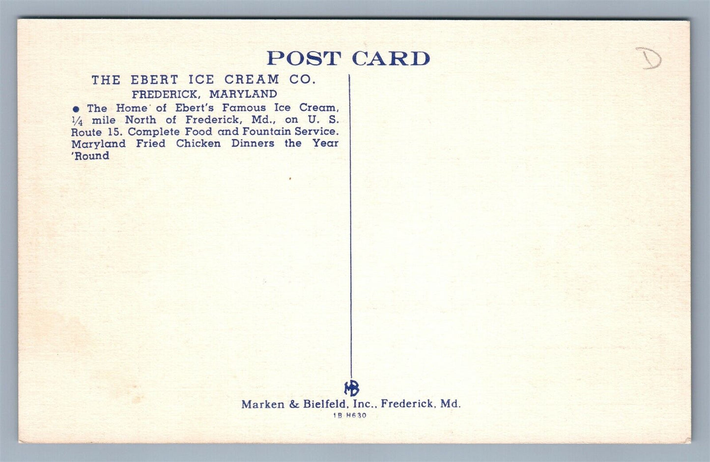 FREDERICK MD EBERT ICE CREAM COMPANY ADVERTISING VINTAGE POSTCARD