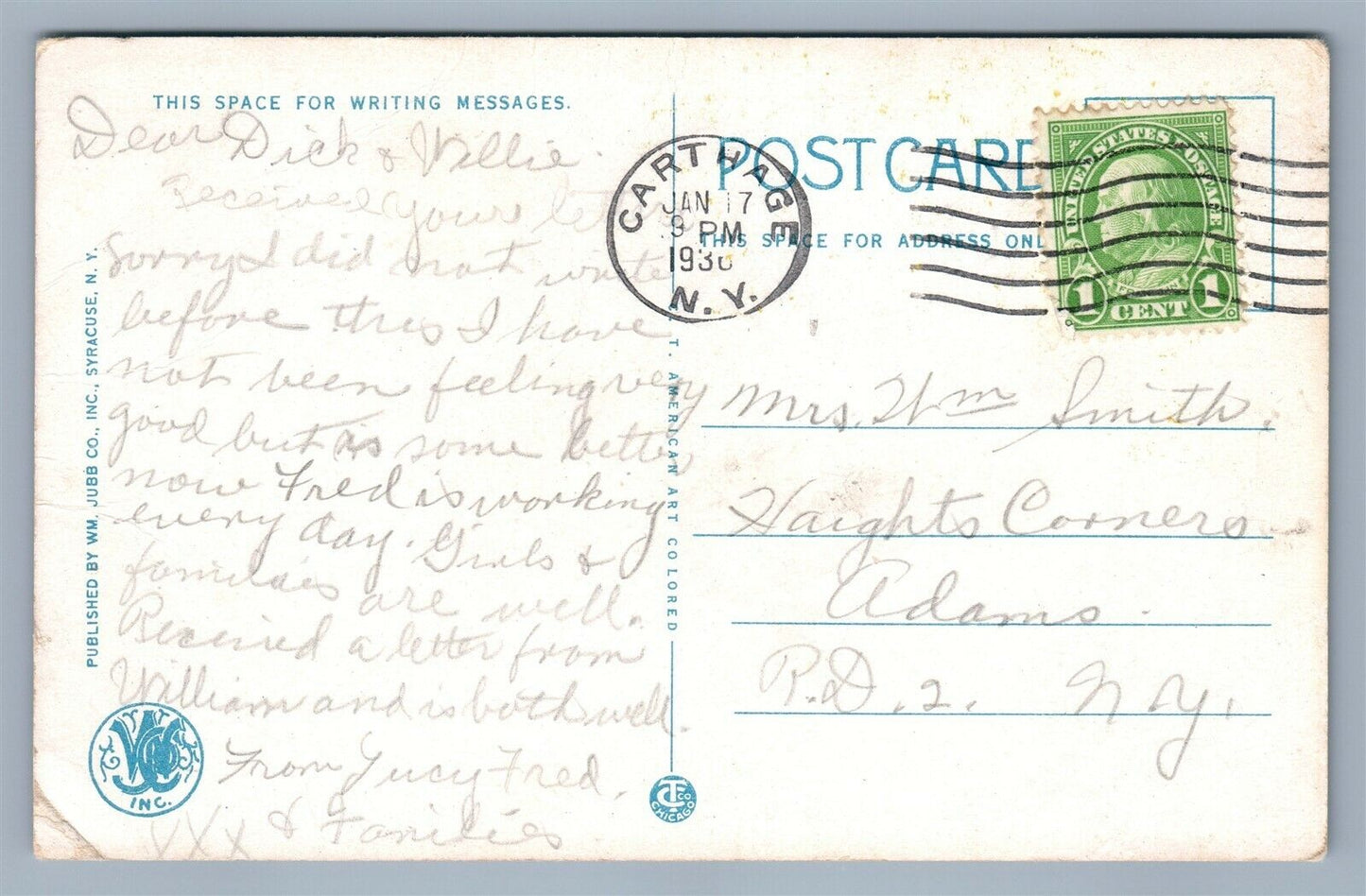 CARTHAGE NY HIGH SCHOOL VINTAGE POSTCARD