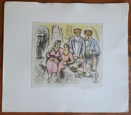 JEWISH WEDDING ORIGINAL HAND COLORED SIGNED ETCHING by IRA MOSKOWITZ Judaica