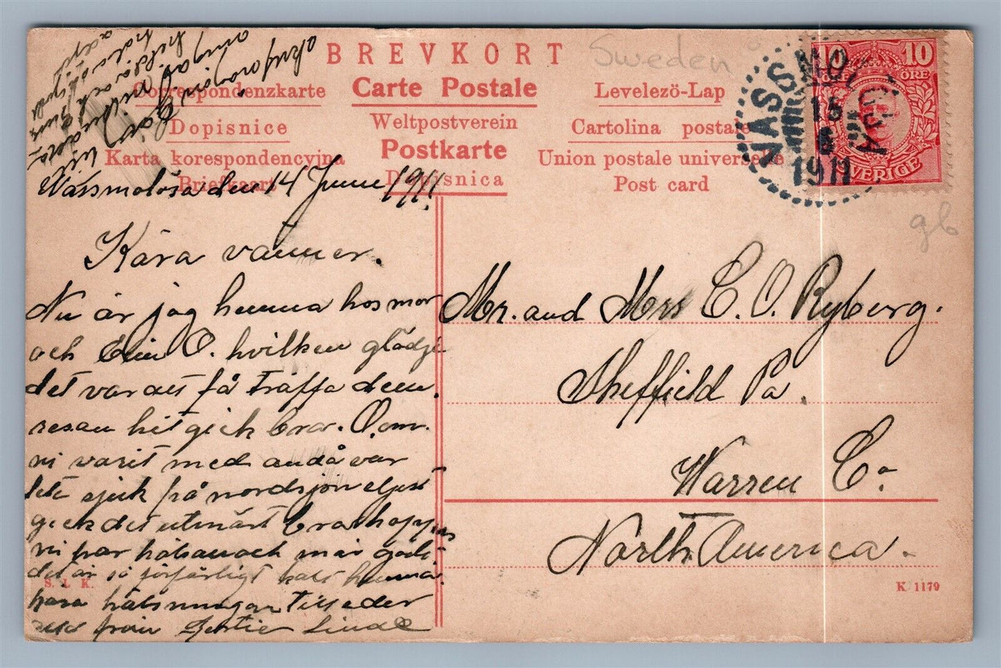 SWEDEN RIKSBANKEN KALMAR 1911 ANTIQUE POSTCARD w/ STAMP