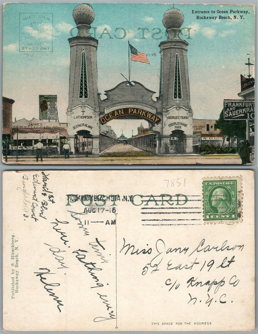 LONG ISLAND NY ROCKAWAY BEACH ENTRANCE TO OCEAN PARKWAY 1916 ANTIQUE POSTCARD