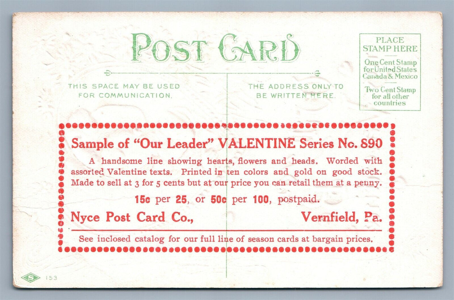 VERNFIELD PA VALENTINE ANTIQUE SAMPLE POSTCARD NYCE POST CARD Co ADVERTISING