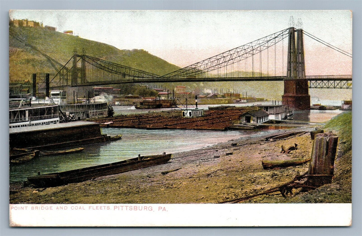 PITTSBURG PA POINT BRIDGE & COAL FLEET ANTIQUE POSTCARD