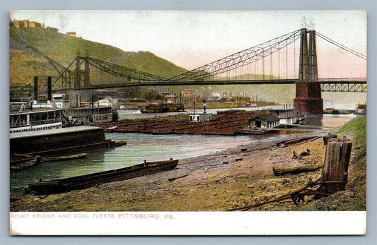 PITTSBURG PA POINT BRIDGE & COAL FLEET ANTIQUE POSTCARD