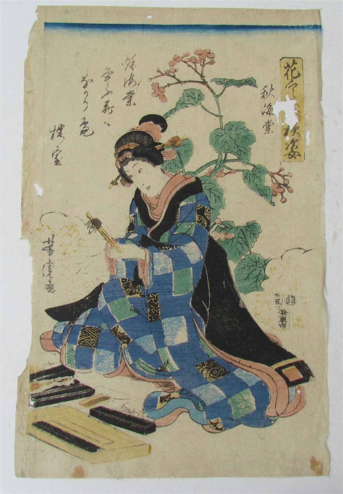 JAPANESE WOODBLOCK PRINT antique GEISHA in the GARDEN