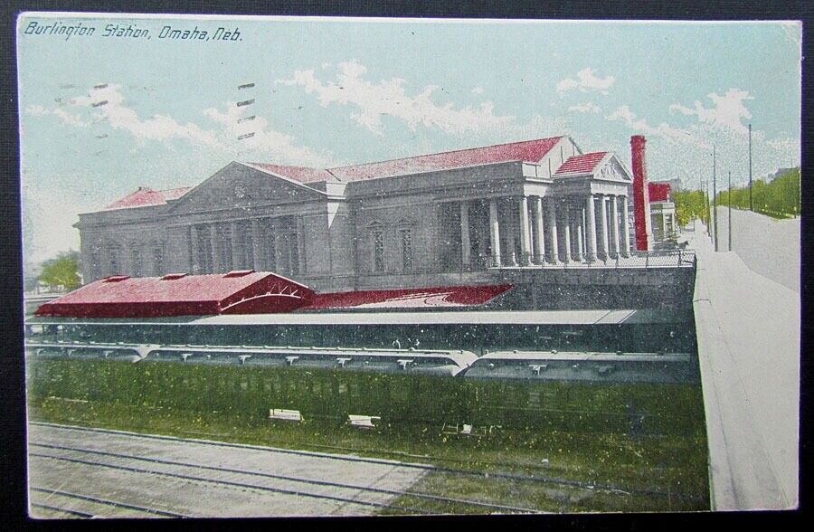 VINTAGE 1911 POSTCARD - BURLINGTON STATION OMAHA NEBRASKA train railway railroad